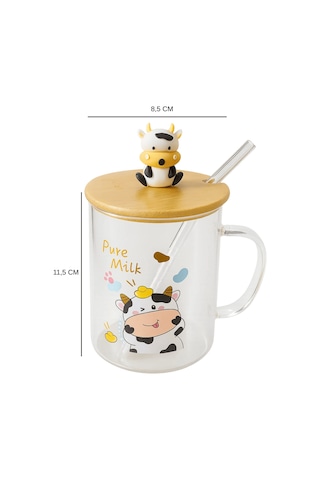 İnek Figürlü Cam Kupa Bambu Kapaklı Ve Cam Pipetli Meşrubat Bardağı - Pure Milk Şeffaf