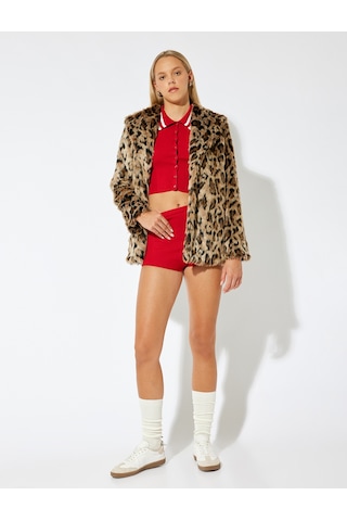 Koton Suni Kürk Kaban Oversize Leopar Desenli Şal Yaka Kapüşonlu Cep Detaylı Leopar Desenli 5wal00044ıw Leopar Desenli Çok Renkli