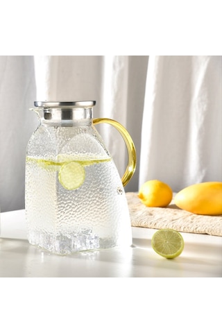 Qerhome Borosilikat Cam Buzlu Gold Saplı Dolap Kapağına Uyumlu Sürahi 1500 Ml Seriva