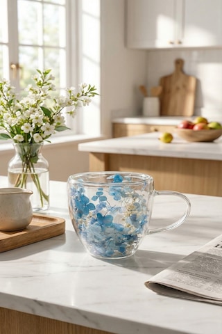 Makri Home Mavi Çiçekli Çift Cidarlı Cam Kupa, 350 Ml, 11 Cm X 8 Cm Çok Renkli