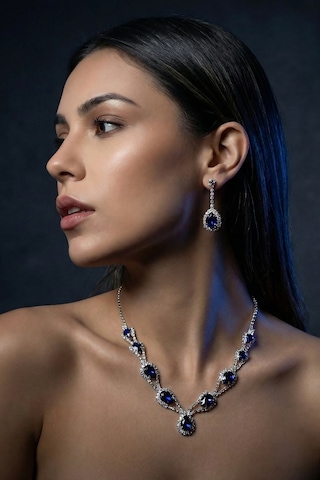 Accessories Hürrem Model Mavi Taşlı Kolye Küpe Takı Seti Gerdanlık - Gelin Düğün Nişan Abiye Set Gümüş - Mavi