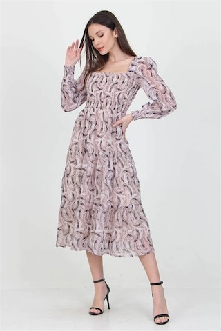Neşeli Butik Kadın Bej Desenli Kare Yaka Gipeli Şifon Elbise Nb100361 Bej