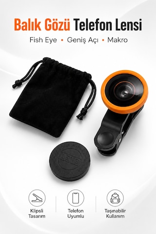 Balık Gözü Telefon Lensi Fish Eye Geniş Açılı Makro Klipsli Selfie Kamera Lensi Apple Android Uyumlu Siyah