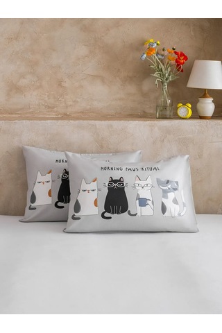 Karışık Kedi Baskılı Pamuklu Yastık Kılıfı 2'li 50x70 Cm Çok Renkli