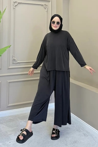 Balenbi Kadın Modal Kumaş Oversize Bol Paça Pantolon Rahat Kalıp İkili Tesettür Takım 1222 - Premium Seri Siyah