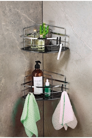 2’li Kancalı Yapışkanlı Banyo Duş Köşe Rafı – Ayarlanabilir Kristal Raf (Yapıştır/Vidala) Krom-Siyah - LK-01 - KS