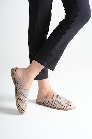 Analin Shoes Kadın Hakiki Deri Delikli Günlük Rahat Terlik Vizon