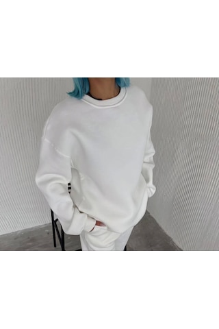 Etiler Collection Kışlık Bisiklet Yaka Üç İplik Basic Sweatshirt - Beyaz