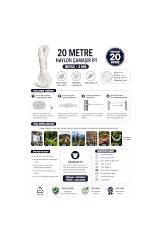 20 Metre Beyaz Naylon İp 3 Mm, Çok Amaçlı Dayanıklı Çamaşır İpi, Kamp Bahçe Balkon Hamak Ve Taşıma Sabitleme İpi, Dayanıklı Çamaşır İpi Kalın, Asma İpi Güçlü Halat İp, Sağlam İp, Kaliteli Açık Ahşap