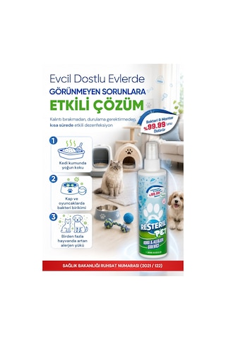 Resteril Pet Parfümsüz Köpek Koku Giderici Köpek İdrar Çiş Kokusu Giderici Dezenfektan Sprey Kedi Kumu Tuvaleti Koku Önleyici 2 x 200 ML