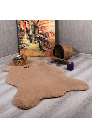 Tavşan Tüyü Dekoratif Ultra Yumuşak Post Peluş Kaymaz Halı Camel