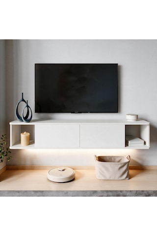 İnarch Dizayn Twist Led Işıklı Duvara Monte Tv Sehpası - 2 Kapaklı Beyaz