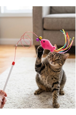 Mucit Home Balıklı Kedi Oyun Oltası Balıklı Kuyruklu Dikkat Çekici 90 Cm -eğlenceli Olta