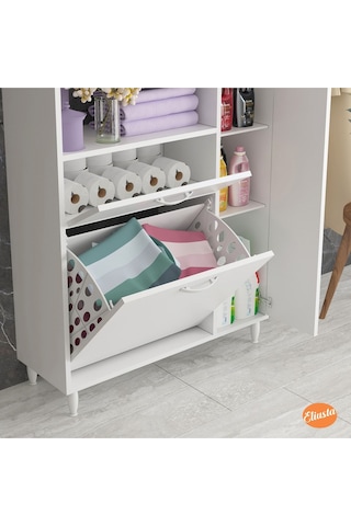 Sepetli Ve Kapaklı Dolaplı Banyo Dolabı Beyaz