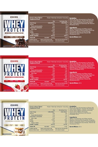 Prime Nutrition Whey Protein Sachet 3 Saşe X 33 Gram Mix - Deneme Paket - Whey Protein Tekli