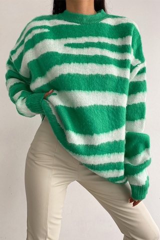Femelle Kadın Yeşil Yeni Sezon Zebra Desen Standart Beden Geniş Kalıp Oversize Triko Kazak