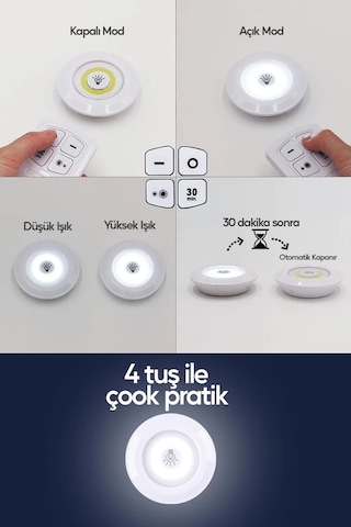 Uzaktan Kumandalı Spot Led Lamba Yapışkanlı Kablosuz Işıldak Pilli Mutfak Rafı Dolap Işığı Beyaz