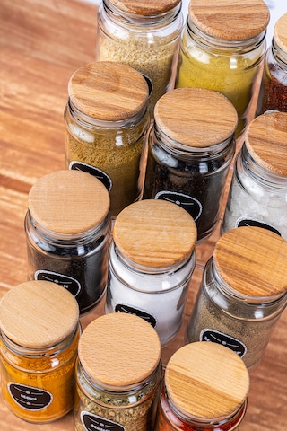 12 Adet Ahşap Kapaklı Cam Baharatlık Seti 320 Cc -12'Li Baharatlık Şeffaf