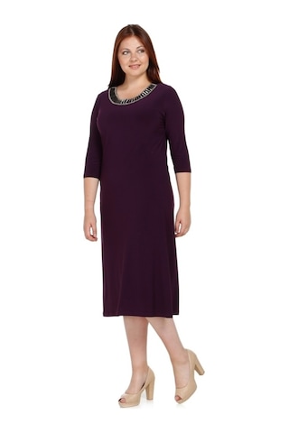 Nidya Moda Büyük Beden Ray Yaka Elbise-4079M Mürdüm
