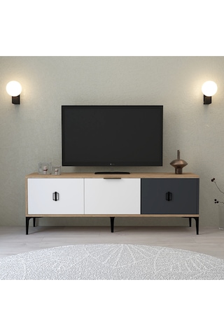 3501 Neva Tv Ünitesi 150 Cm Kapaklı Sepet - Beyaz - Antrasit Tv Sehpası Sepet-beyaz-antrasit