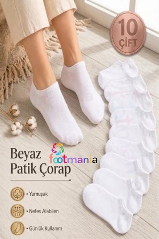 Footmania 10'lu Beyaz Kısa Patik Bilek Çorap Pamuklu Extra Soft