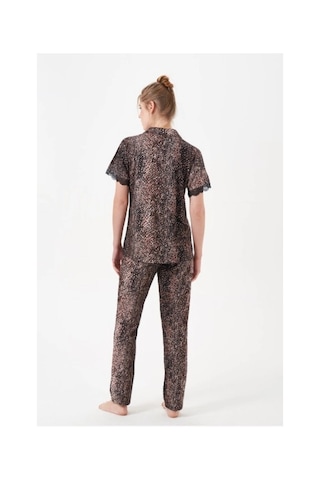 Moda Dua Pjs 29068 Kadın Kısa Kollu Düğmeli Pijama Takım Kahverengi