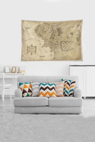 Pelangi Bej Middle Earth Orta Dünya Haritası Leke Tutmaz Kadife Kumaş Duvar Örtüsü Duvar Halısı Tapestry Ywll389 Çok Renkli
