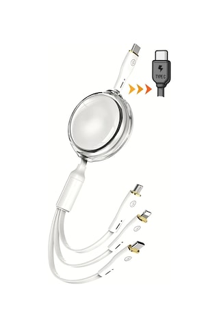 Makaralı Düğümlenmeyen 100w Type-c Süper Fast Pd Şarj Kablosu 3in1 Apple iPhone Samsung Xiaomi Uyumlu Hızlı Şarj