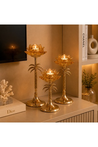 Palmiye Desenli Gold Cam Lotus Şamdan 3 Boy Dekoratif Mumluk Amber - Gold
