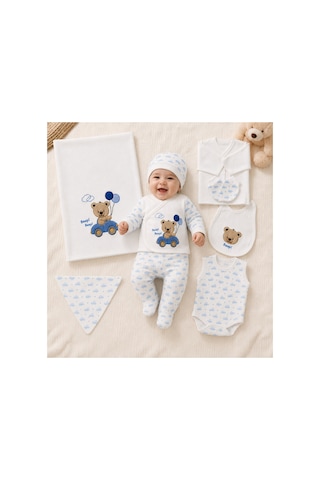 Petino Erkek Bebek Hastane Çıkışı 10 Lu Set Arabalı Ayıcık Nakışlı Mavi Lacivert