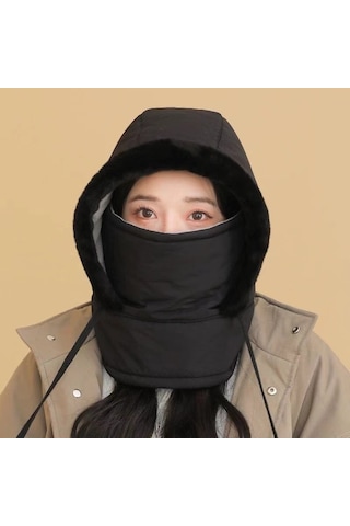 Kulak Korumalı Rüzgar Ve Kar Maskeli Boyun Atkısı Entegre Şapka Siyah