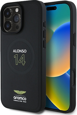 Apple Uyumlu iPhone 16 Pro Max Kılıf Aston Martin Lisanslı Magsafe Pu Deri Alonso 14 Baskılı Kapak Siyah