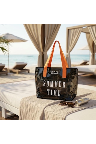 Frelso Şeffaf Plaj Çantası Baskılı Kadın Beach Çanta Siyah