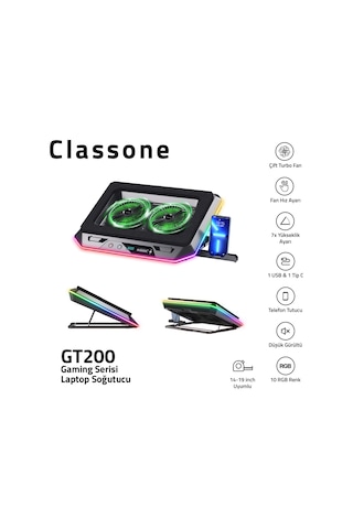 Classone Gaming GT200 10 RGB 15.6 -17'' Type C 2 Fanlı Laptop Soğutucu Stand