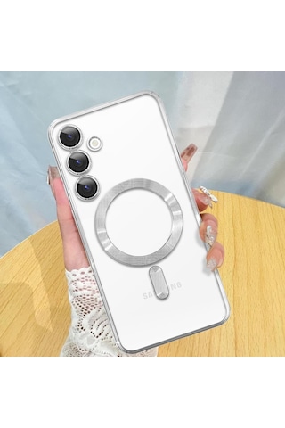 Samsung Galaxy S25 İçin Magsafe İle Uyumlu Kılıf Kamera Lensli Korumalı Şeffaf Silikon Kapak Gümüş