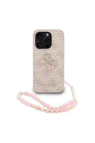 Apple Uyumlu iPhone 15 Pro Kılıf Guess Lisanslı Bilek Askı İpli Metal 4g Ve Yazı Logolu Kapak Pembe