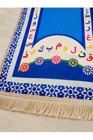 Çocuk Seccadesi 97x45 Cm Arapça Alfabeli Püsküllü Namaz Seccadesi Mavi