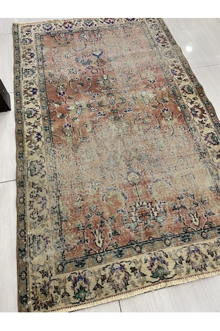 El Dokuma Eskitme 115X192 Kiremit Mavi %100 Yün Vintage Halı ! Yeşil