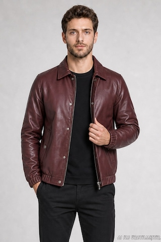 Freemen Erkek Fermuarlı Çıtçıtlı Beli Lastikli Suni Deri Ceket-413 Bordo