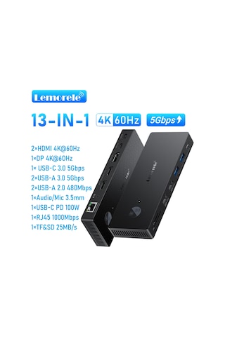 Lemorele Tc500 13 Port Type-c Dock Station Hub Çoklayıcı - 4k 60hz Çift Hdmı Ve Displayport Üçlü Ekran Destekli Gigabit Ethernet Usb 3.0 Dönüştürücü 13-in-1 Macbook Pc Laptop Adaptör