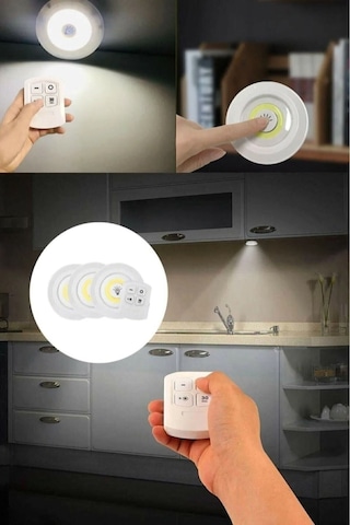 Sl-1070 - Uzaktan Kumandalı 3 Lü Spot Led Lamba Kablosuz Pilli Işıldak Mutfak Rafı Işığı Dolap Işığı Sarı