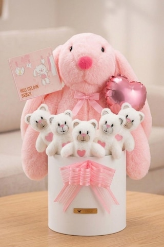 Yenidoğan Kız Bebek Hediyesi Baby Shower Tavşan Uyku Arkadaşı Ve Pembe Peluş Ayıcık Buketi