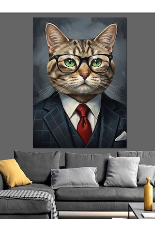 Kedi İş Adamı Takım Elbise Dekoratif Kanvas - Mdf Ahşap Tablo