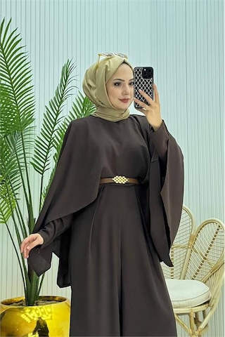 Neşeli Butik Kadın Pelerinli Kemer Detaylı Tesettür Tulum Nms061 Kahverengi
