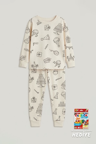 Zuzunga Boyanabilir Doğum Günü Temalı Çocuk Pijama Takımı Yıkanabilir 24-lü Kalem Hediyeli Ekru