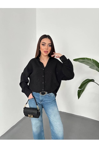 Hopıan Kadın Siyah Taş Baskılı Keten / Dokulu Oversize Gömlek