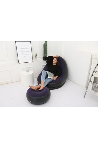 Ikkb Şişme Tembel Koltuk Pedal İle İki Parçalı Taşınabilir Dış Mekan Mobilya Ayak Pompalı Mavi Mavi