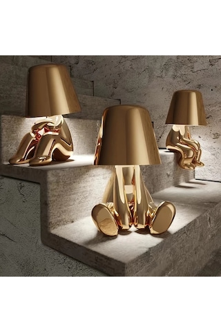 Honeybeeshop Bay Neden 1 Adet Küçük Altın Renkli Erkekler İçin Usb Şarj Kablolu İtalyan Tasarımlı Düşünür Heykel Led Masa Lambası 3 Kademeli Modern Gece Işığı Hediye Ahşap