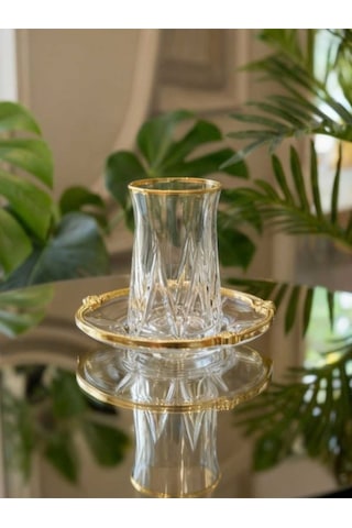 Çnr Home Collection 12 Parça 6 Kişilik Kristal Kesim Çay Bardaği Seti Gold