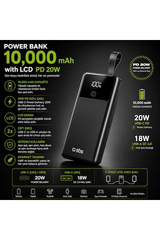 Sbs 10000 Mah Powerbank Dahili Usb-c Kablolu Lcd Ekranlı Pd 20w Hızlı Şarj Usb-a 22.5w Siyah 10.000 Mah